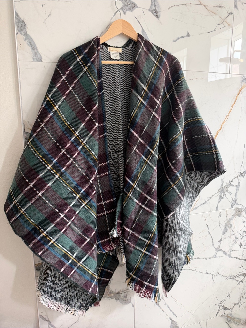 Plaid Wrap Poncho Coat - Green & Burgundy